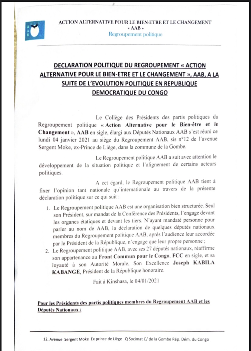 RDC Le regroupement politique AAB réaffirme son appartenance au FCC et